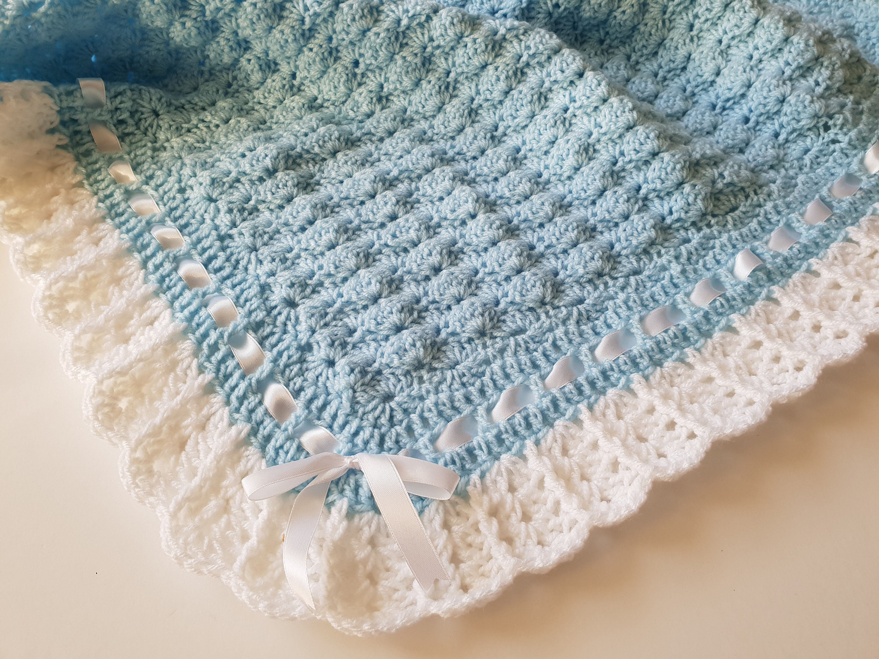 Crochet Baby Blue Blanket Handmade Crochet White Satin Etsy