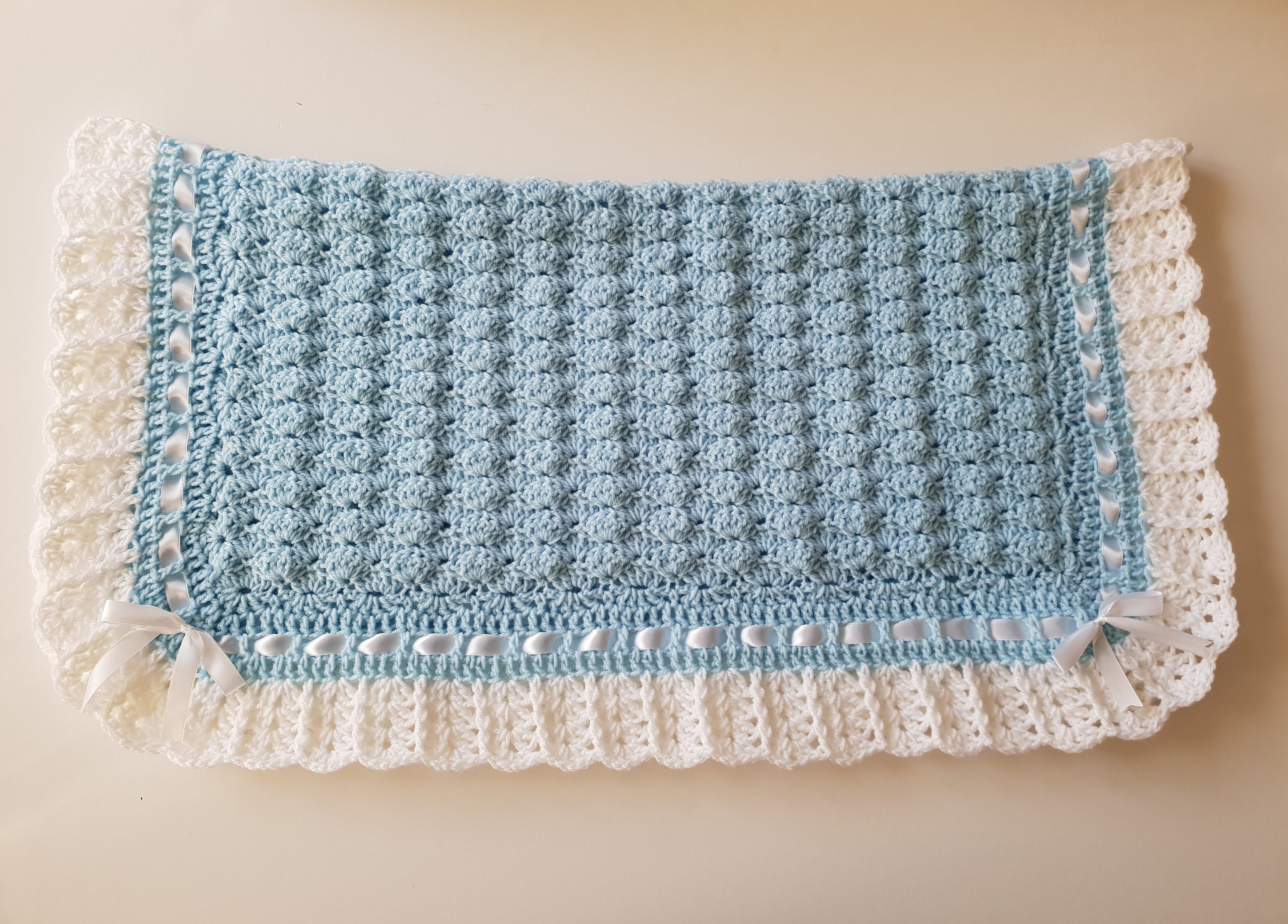 Crochet Baby Blue Blanket Handmade Crochet White Satin Etsy