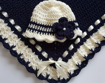 Crochet Baby Blanket & Hat Navy Blue Ivory Satin Ribbon , Granny Square Handmade Crochet Baby Girl Set, Baby Shower Gift