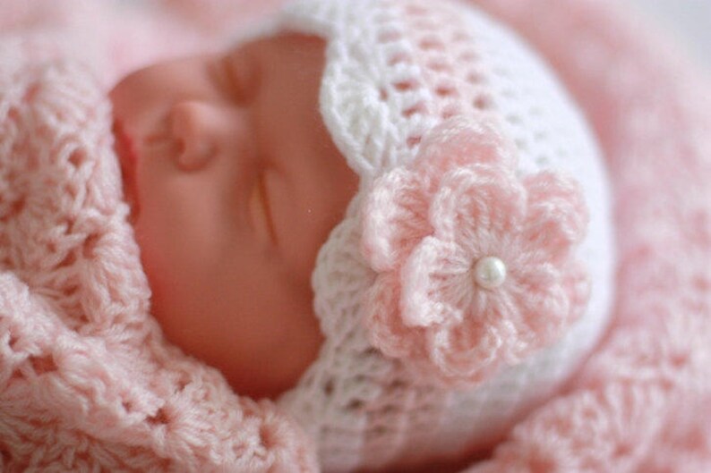 Crochet Baby Set Blanket Hat & Booties Pink White Christening Etsy