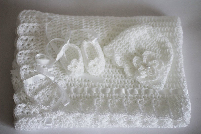 Crochet Baby Blanket Hat and Booties Set White Granny Square Etsy
