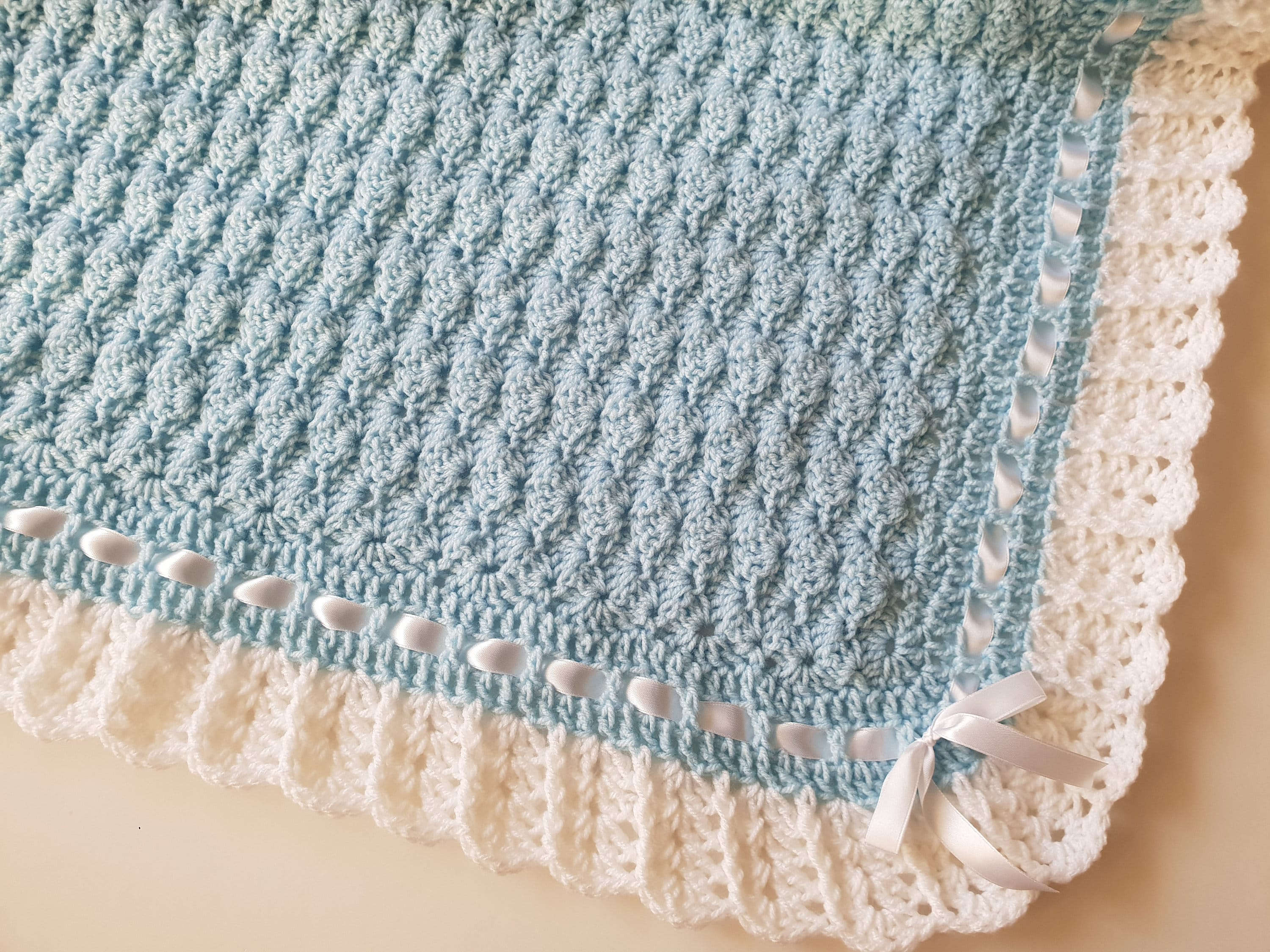 Crochet Baby Blue Blanket Handmade Crochet White Satin Etsy