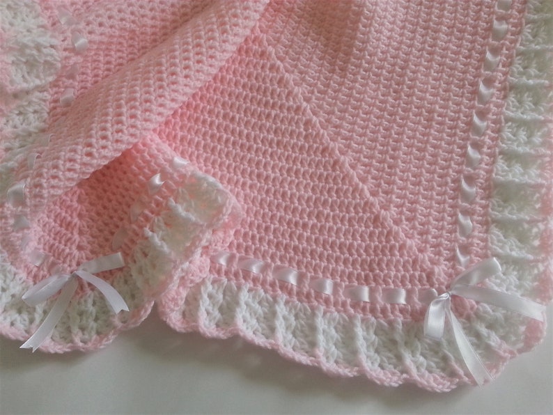 Crochet Baby Girl Set Blanket and Two Hats Pink White Satin Ribbon Christening Baptism Granny Square Handmade Crochet Baby Shower Gift