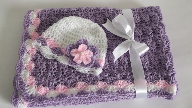 Baby Girl Blanket and Hat Lavender Pink White Afghan Baby Girl Shower Gift Handmade Crochet Baby Set