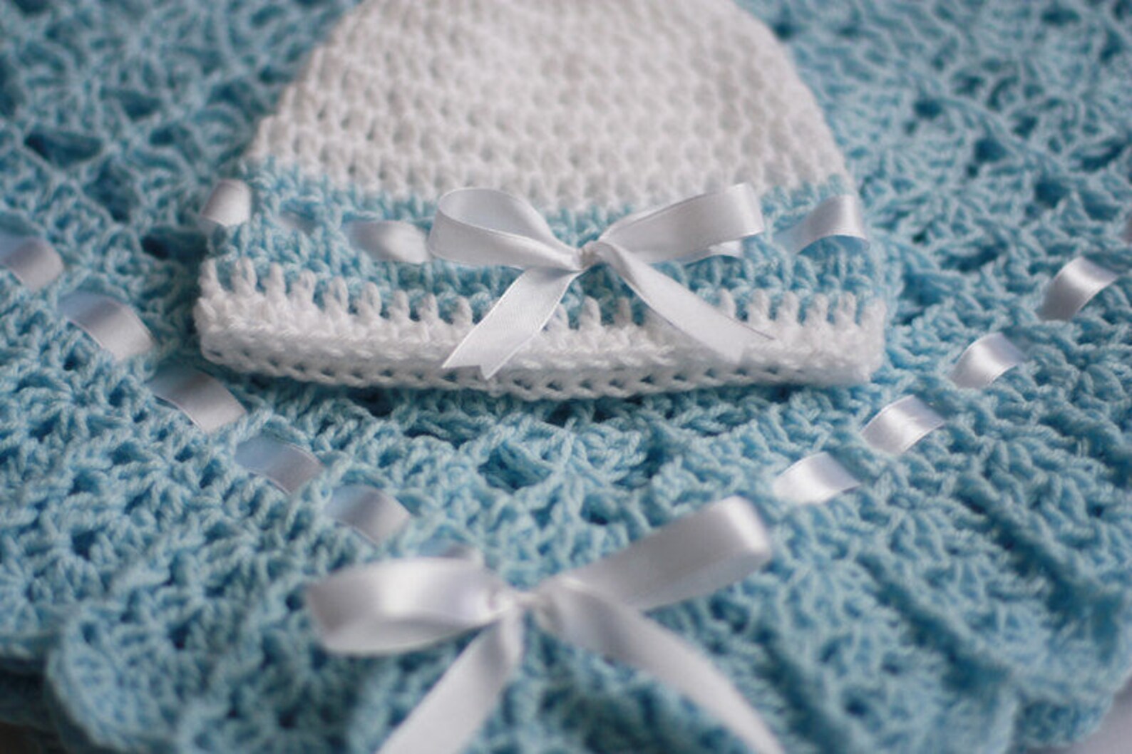 Crochet Baby Blanket and Hat Blue White Satin Ribbon Christening