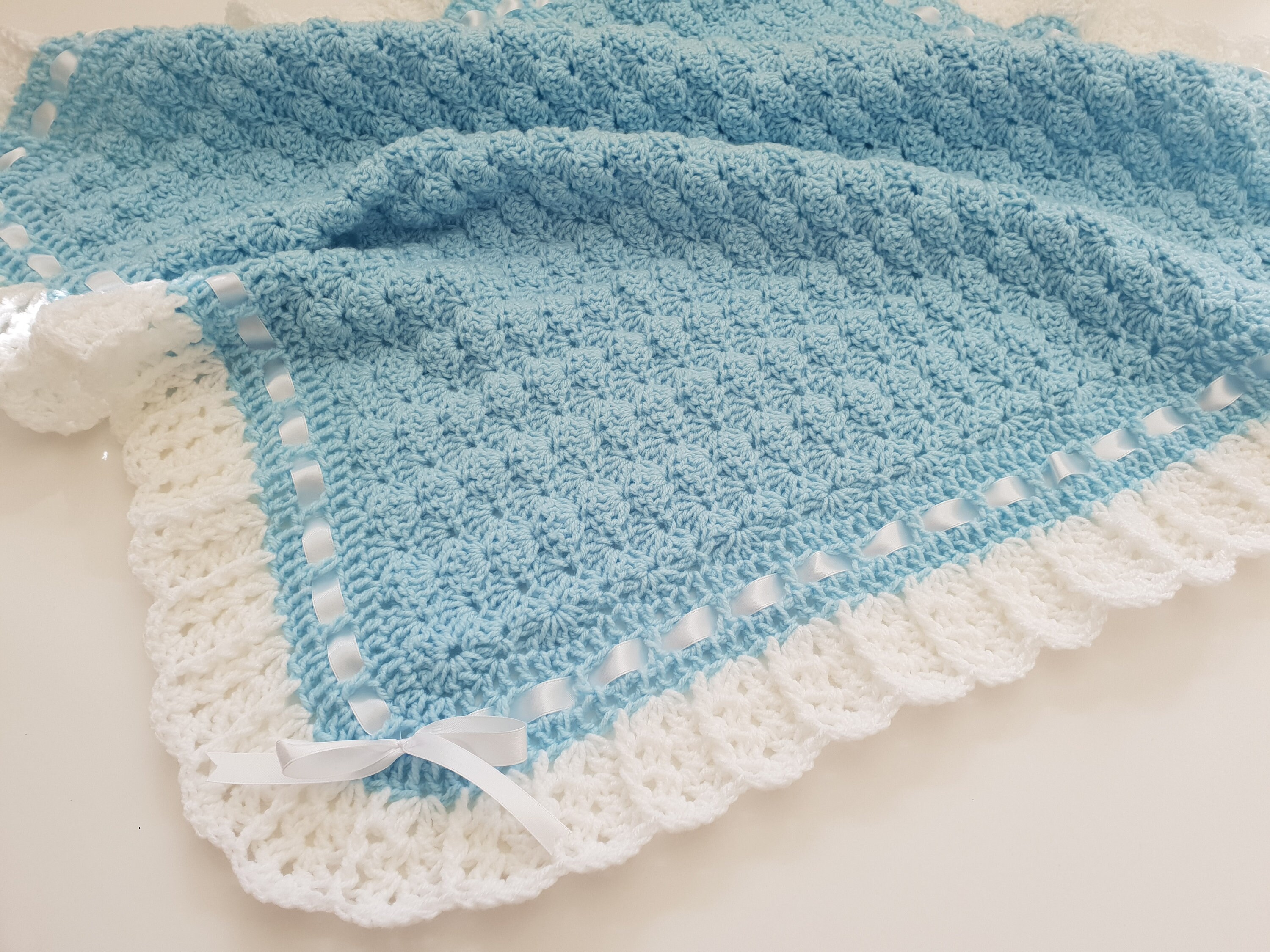 Crochet Baby Blue Blanket Handmade Crochet White Satin Etsy