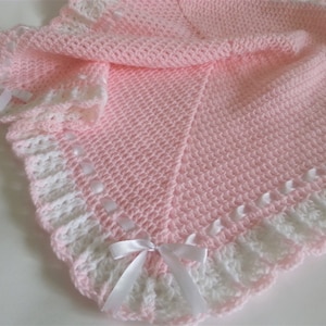 Crochet Baby Blanket / Pink White Christening Baptism Afghan / Baby Shower Gift For Girl