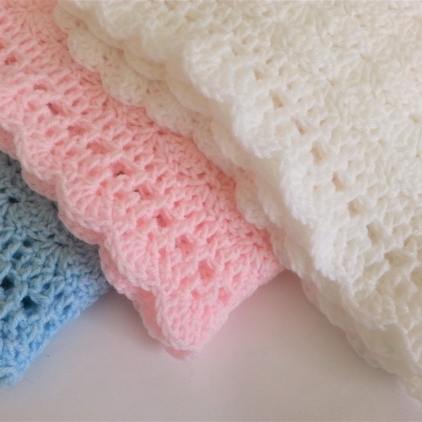 Handmade Crochet Baby Blanket White Pink Blue Baby Baby Shower Gift Baby Girl  Baby Boy Blanket Newborn