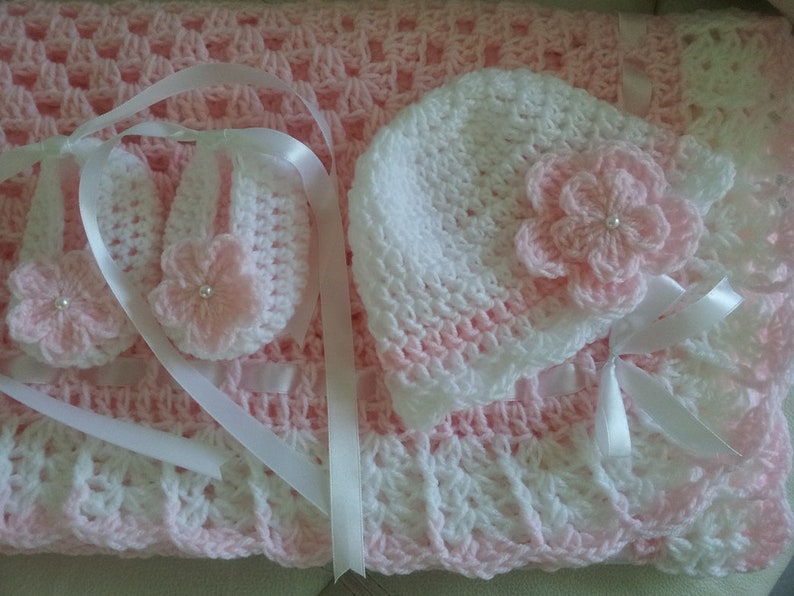 Crochet Baby Blanket Hat and Booties Pink and White Satin Etsy