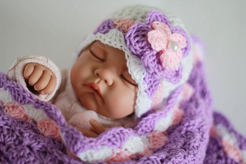 Baby Girl Blanket and Hat Lavender Pink White Afghan Baby Girl Shower Gift Handmade Crochet Baby Set