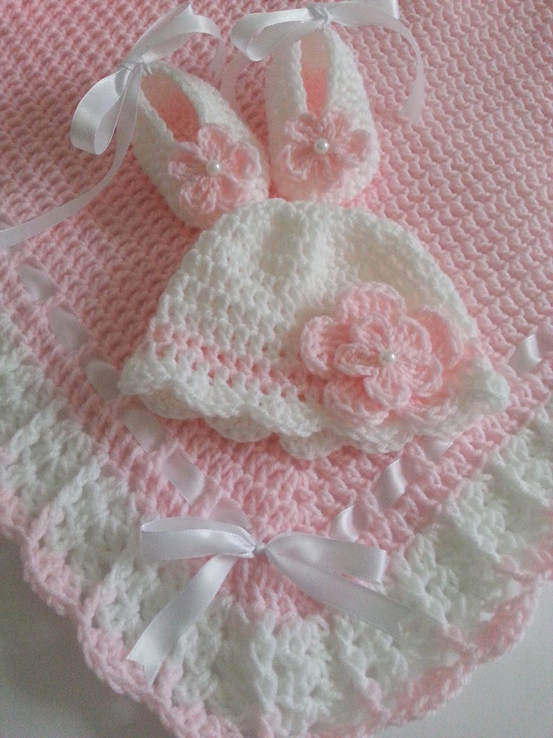 Crochet Baby Set Blanket Hat & Booties Pink White Christening Etsy