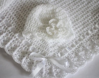 Crochet Baby Girl Set Blanket and Hat White Satin Ribbon Christening Baptism Handmade Crochet Baby Shower Gift