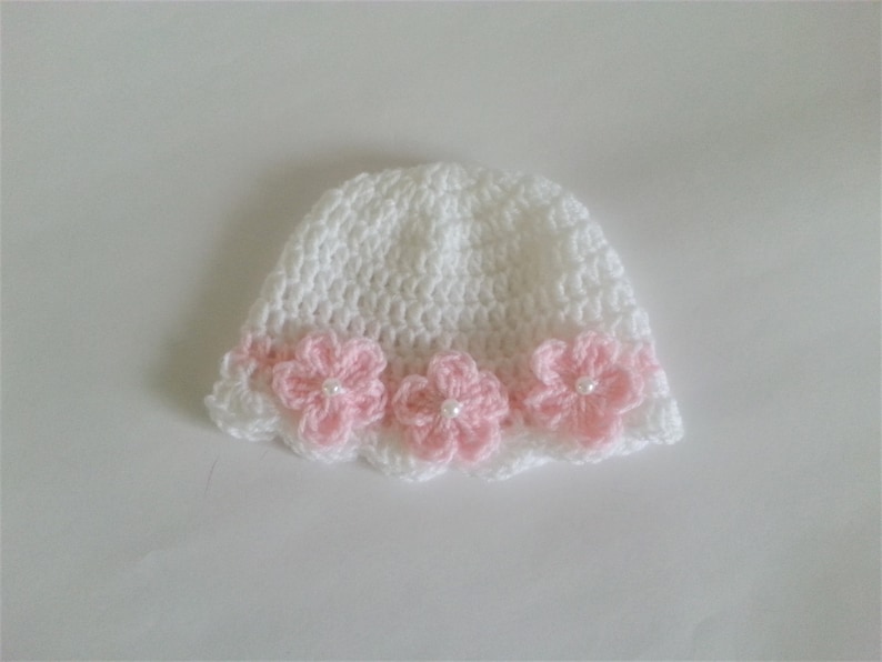Crochet Baby Girl Set Blanket and Two Hats Pink White Satin Ribbon Christening Baptism Granny Square Handmade Crochet Baby Shower Gift