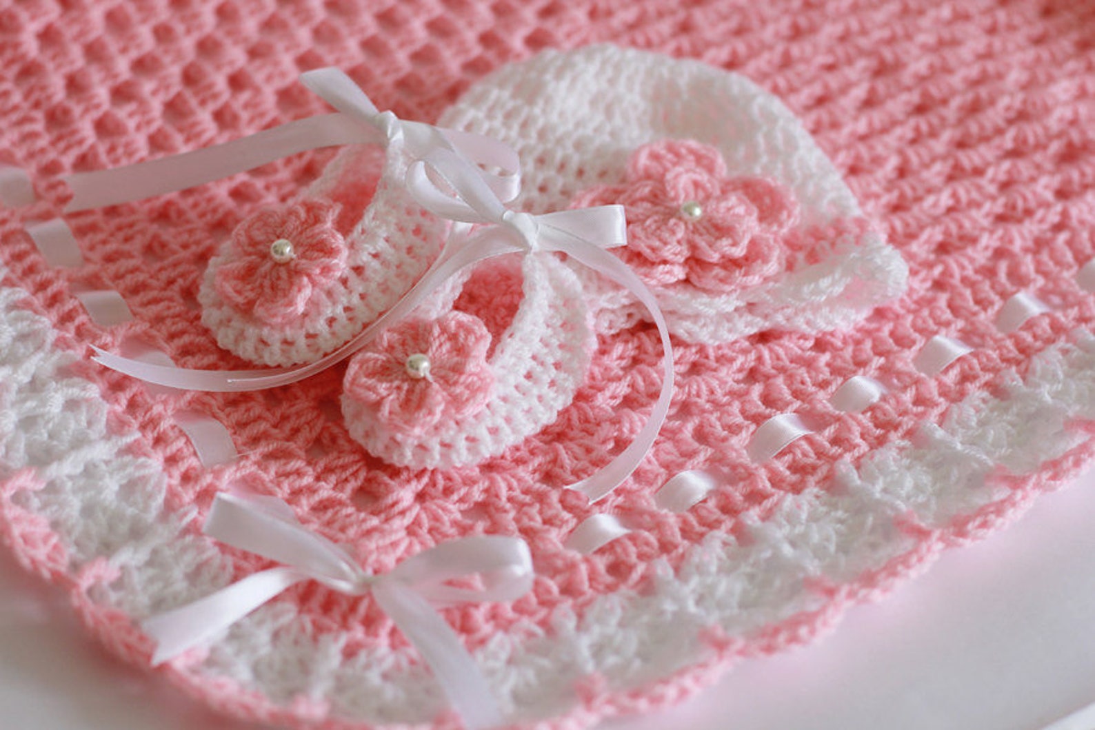 Crochet Baby Blanket Hat and Booties Ballerinas Pink White Satin Ribbon