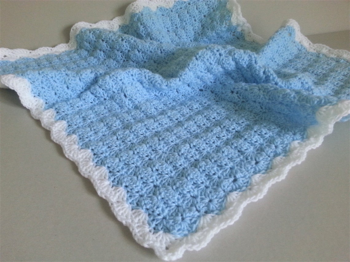 Crochet Baby Blanket Blue White Handmade Crochet Afghan Baby Shower