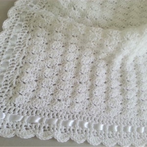 Crochet Baby Blanket/Afghan White Christening, Baptism, Baby Granny Square Baby Shower Gift Satin Ribbon Baby Girl Baby Boy