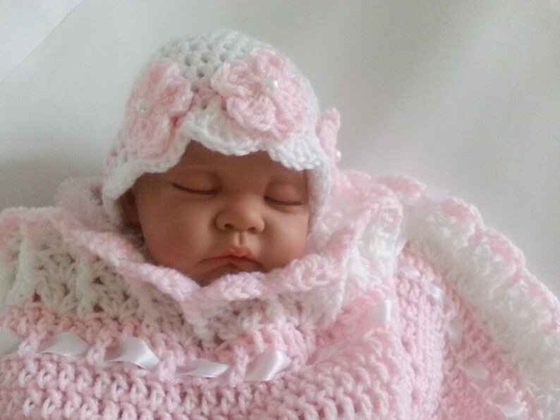 Crochet Baby Girl Set Blanket and Two Hats Pink White Satin Ribbon Christening Baptism Granny Square Handmade Crochet Baby Shower Gift