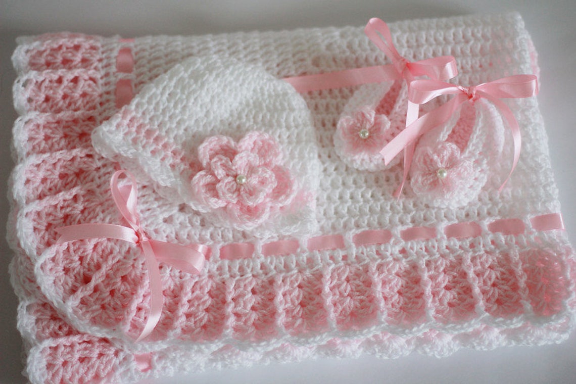 Crochet Baby Blanket Hat and Booties Set Pink White Satin Ribbon Granny