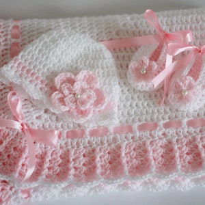 Crochet Baby Set Blanket Hat and Booties Pink White Satin Ribbon Granny Square Baby Shower Gift Christening Baptism Pram Bed