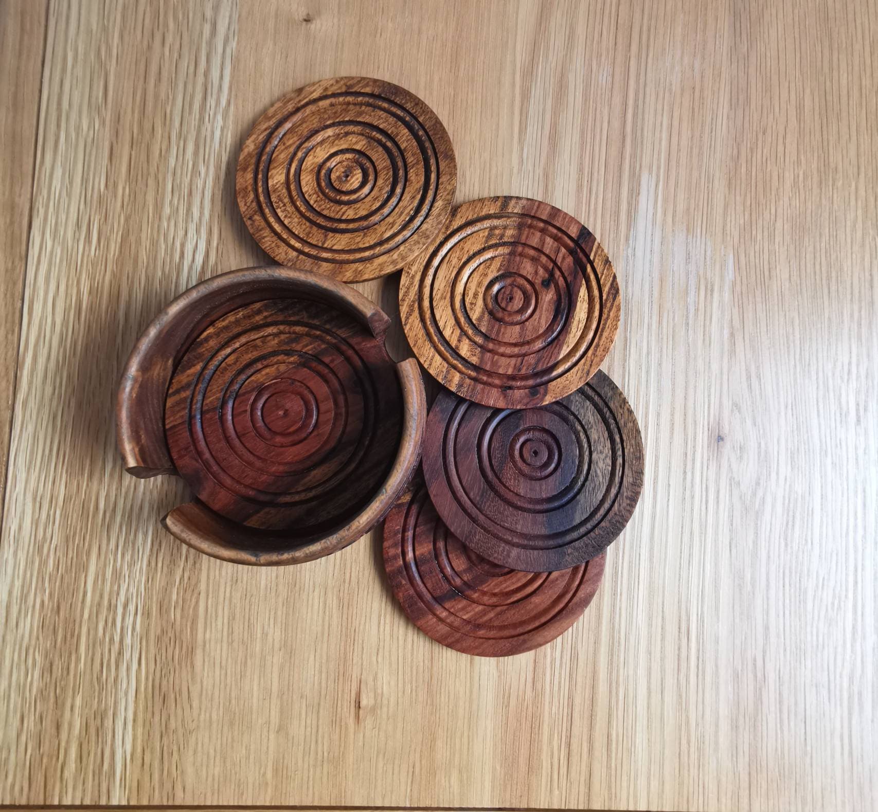 Buy Handmade Set of 5 Coasters plus the base Natural Wood Oak Pear