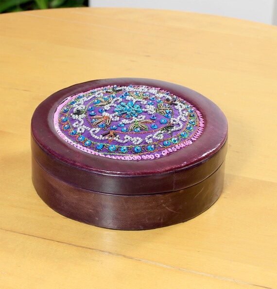 English Leather Round Box Vintage Jewelry Box