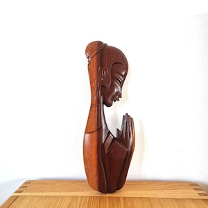 Vintage Hand-Carved Mahogany Wood Thai Lady Wall Hanging Sculpture, Wooden Wall Hanging, South East Asian Sculpture, Thai Greeting Sculpture