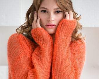 Orange sweater, Chunky sweater, mohair loose sweater, Knitted see-through sweater, Bohemian sweater, Elegant sweater, Spring knit sweater