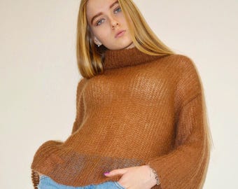 Coffee brown mohair sweater Turtleneck wool sweater Loose knit sweater Chunky knit sweater Light handknit sweater Oversize boho sweater
