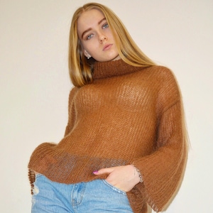 Coffee brown mohair sweater Turtleneck wool sweater Loose knit sweater Chunky knit sweater Light handknit sweater Oversize boho sweater