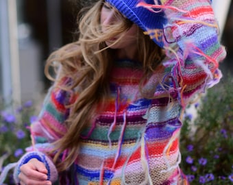 Colorful Mohair Sweater with Fringe | Handmade Oversized Knit Pullover | Boho Statement Sweater