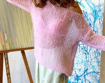 Pink embellished mohair sweater, Embroidered light sweater, Bridal chic sweater, Wedding loose sweater, Soft handknit sweater with crystals