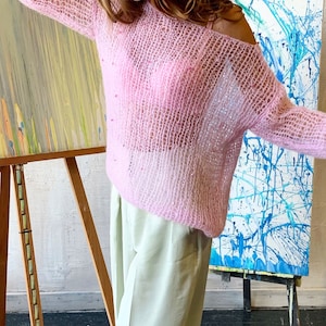 Pink embellished mohair sweater, Embroidered light sweater, Bridal chic sweater, Wedding loose sweater, Soft handknit sweater with crystals