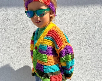 Cárdigan infantil de lana merino tejido a mano con diseño de patchwork, suéter infantil unisex colorido con estampado de arcoíris.