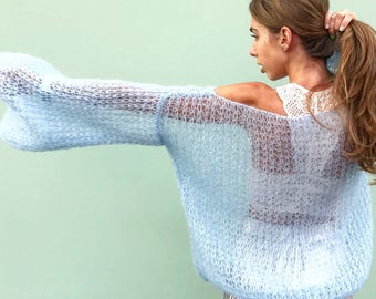 Light blue mohair sweater Loose handknit sweater Soft sweater with wide sleeves Sexy off shoulder sweater Oversized mesh wool sweater