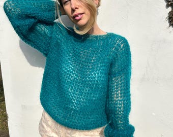 Pull en mohair et lurex bleu sarcelle | Pull en mohair italien fait main | Maille légère et luxueuse