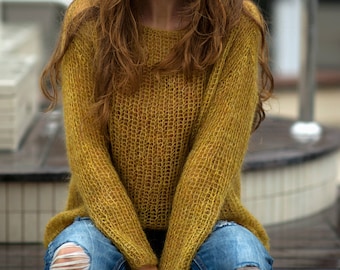 Mustard  sweater, Mohair sweater, Soft wool sweater, Spring sweater, Casual sweaters, Mohair bohemian sweater, Girls sweater, Warm sweater