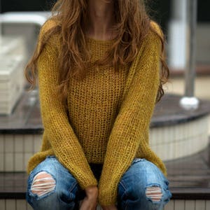 Mustard mohair sweater Handknit soft sweater Sexy light sweater Boho chunky sweater Loose chic sweater Casual see through sweater