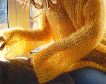 Yellow light mohair sweater, Autumn loose knit sweater, Oversized handknit sweater, Soft sunny yellow sweater, chunky knit bohemian sweater