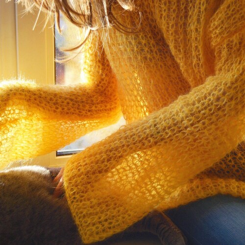 Yellow light mohair sweater, Autumn loose knit sweater, Oversized handknit sweater, Soft sunny yellow sweater, chunky knit bohemian sweater