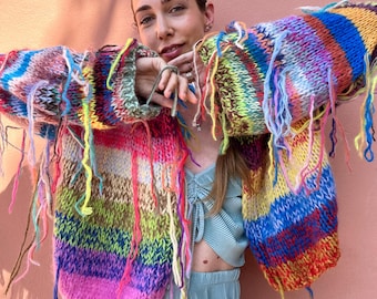 Gilet patchwork en mohair | Gilet tricoté coloré fait main | Pull artistique à porter | Veste bohème oversize