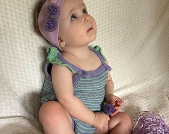 Pelele de recién nacido a rayas de mezcla de algodón orgánico: body tejido a mano, morado y menta, diferentes tallas.