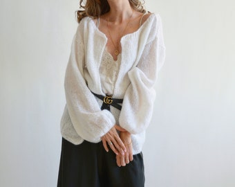 White mohair cardigan Short grueso cardigan Recortado cárdigan suelto cárdigan suave cárdigan de punto nupcial boda abierta front cardigan