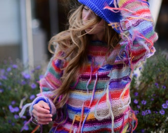 Rainbow geometric sweater Multicolor mohair sweater Handknit extravagant sweater Sexy bright sweater Creative colorful wool  sweater