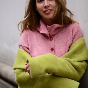 Pink creative polo shirt Hight collared sweater Buttoned sweater Retro style sweater Alpaca wool sweater Polo style sweater Chunky sweater
