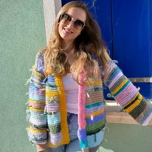 Rainbow mohair geometric cardigan Patchwork multicolor cardigan Unique bright cardigan Funny colorful cardigan Chic handknit boho cardigan
