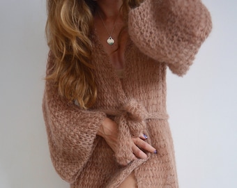 Long Mohair Cardigan, Oversized Knit Coat, Belted Knitwear, Handmade Italian Kid Mohair, Soft Cozy Layer