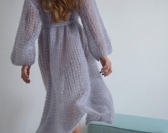 Hand-Knit Mohair Maxi Cardigan: Gray Purple Belted Kimono Robe