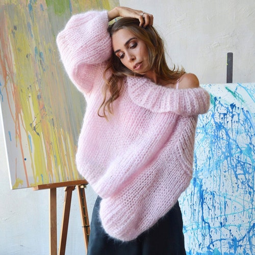 Light Pink Mohair Sweater Alpaca Turtleneck Sweater Slouchy Etsy