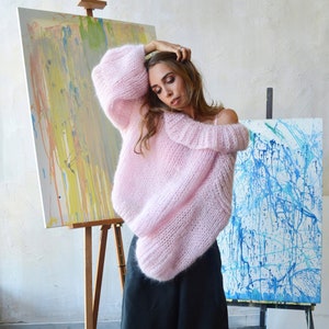 Light pink mohair sweater, Alpaca turtleneck sweater, Slouchy soft sweater, Loose big sweater, Warm autumn sweater, Oversized sexy sweater