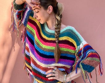 Multicolor Mohair Sweater | Handmade Striped Knit | Fringe Oversized Pullover | Colorful Statement Knitwear